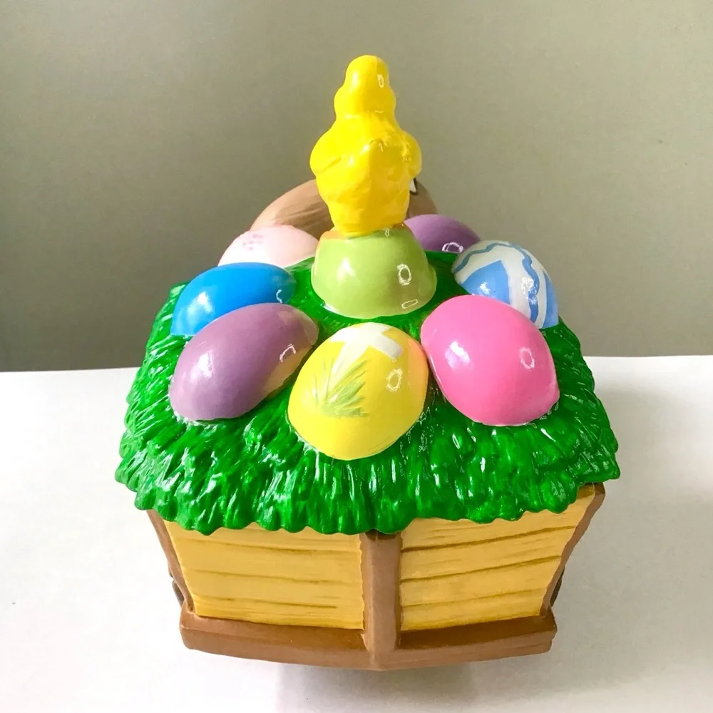 Vintage Easter Bunny Pulling Wagon Cart of Eggs Chick Large Covered Ceramic Dish